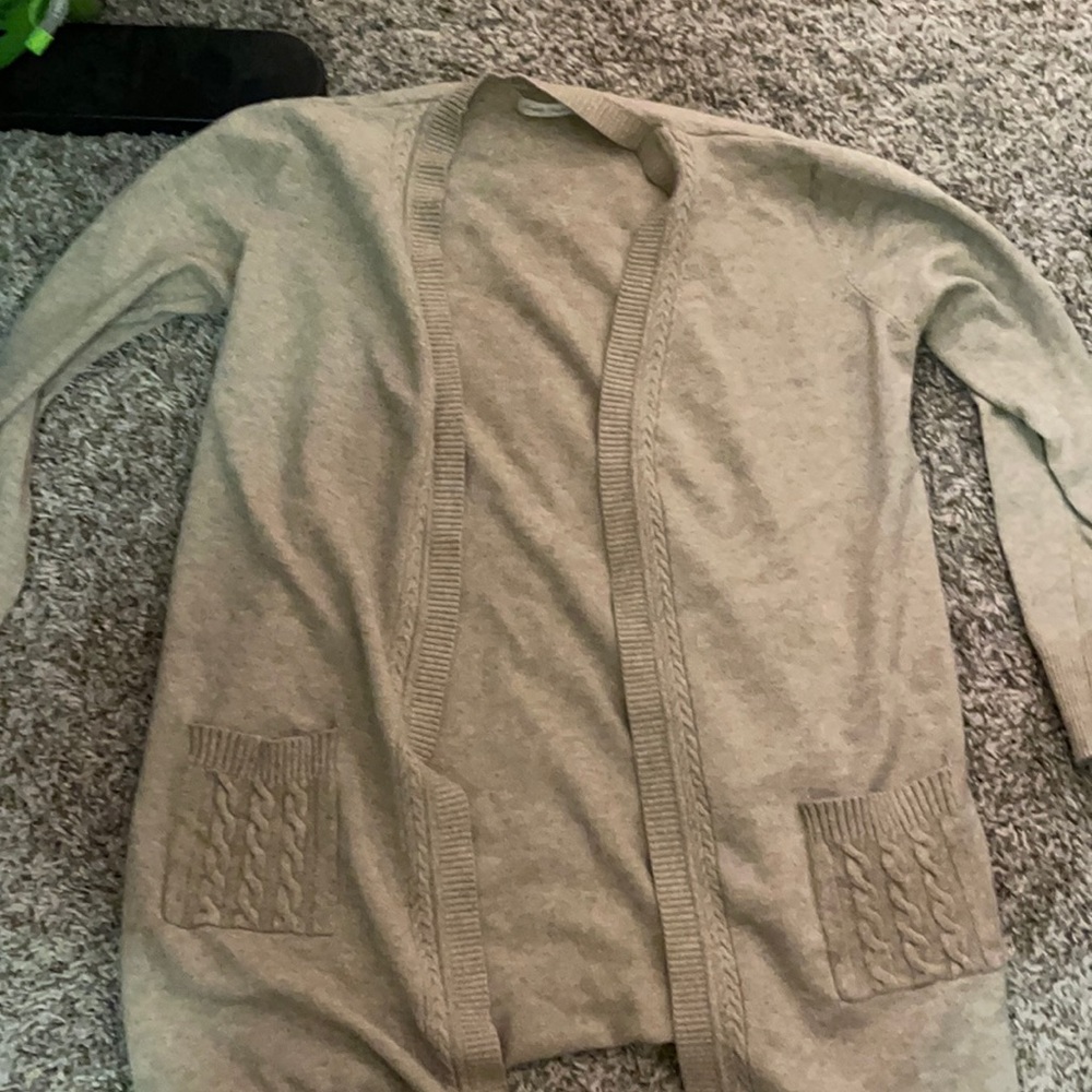 Tan, stretchy cardigan with corded detail